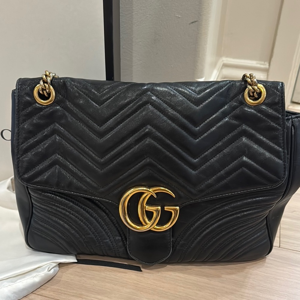 Gucci Black and Gold GG Marmont Shoulder Bag with Chevron Pattern